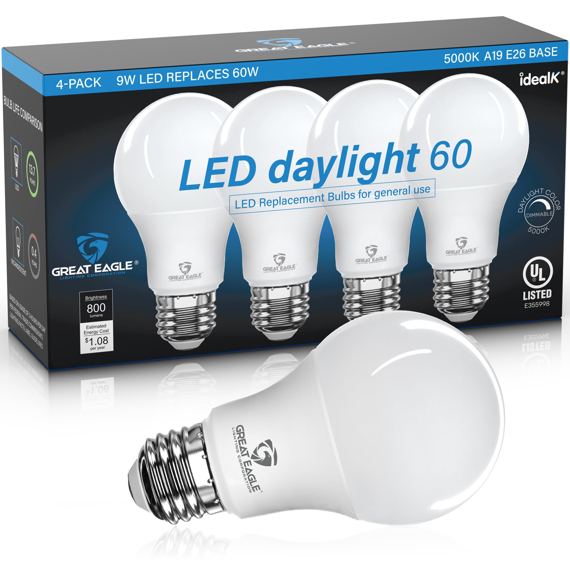 Great Eagle A19 LED Light Bulb, 9W (60W Equivalent), UL Listed